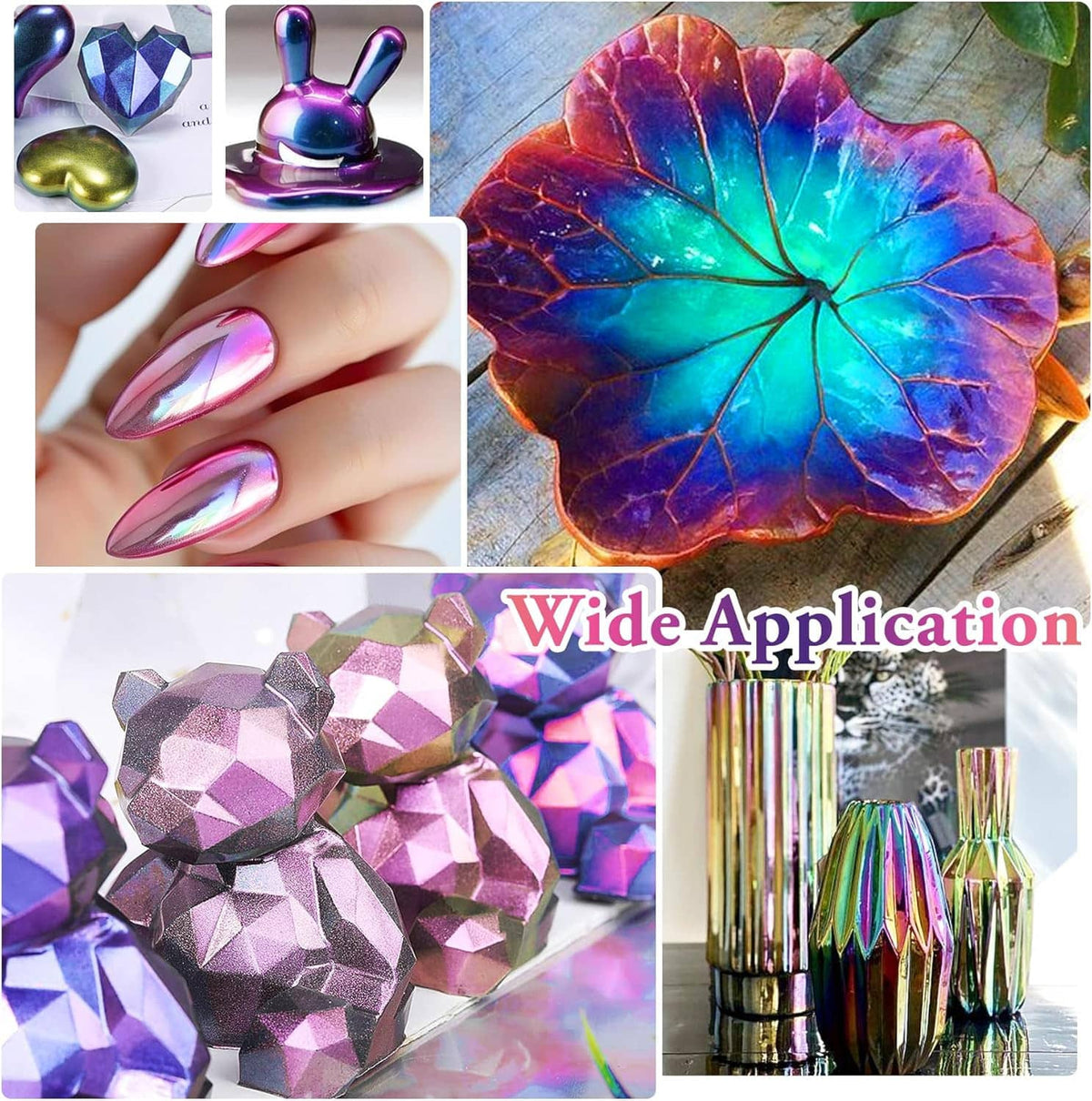 Color-shift resin samples with metallic mica sparkle on a leaf-shaped piece