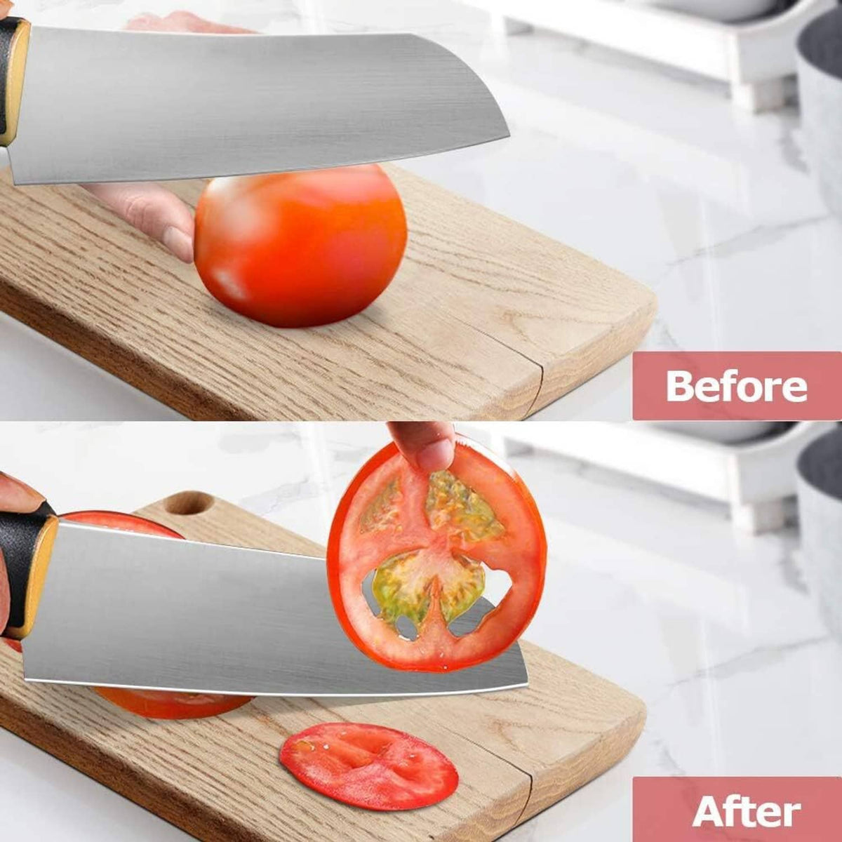 Chef knife beside Secura 2-stage knife sharpener with tomatoes on a wooden cutting board