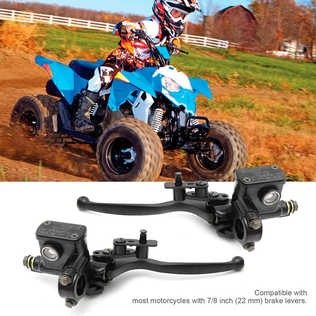 Black brake master cylinder with 7/8 in lever and reservoir, mounted on handlebar
