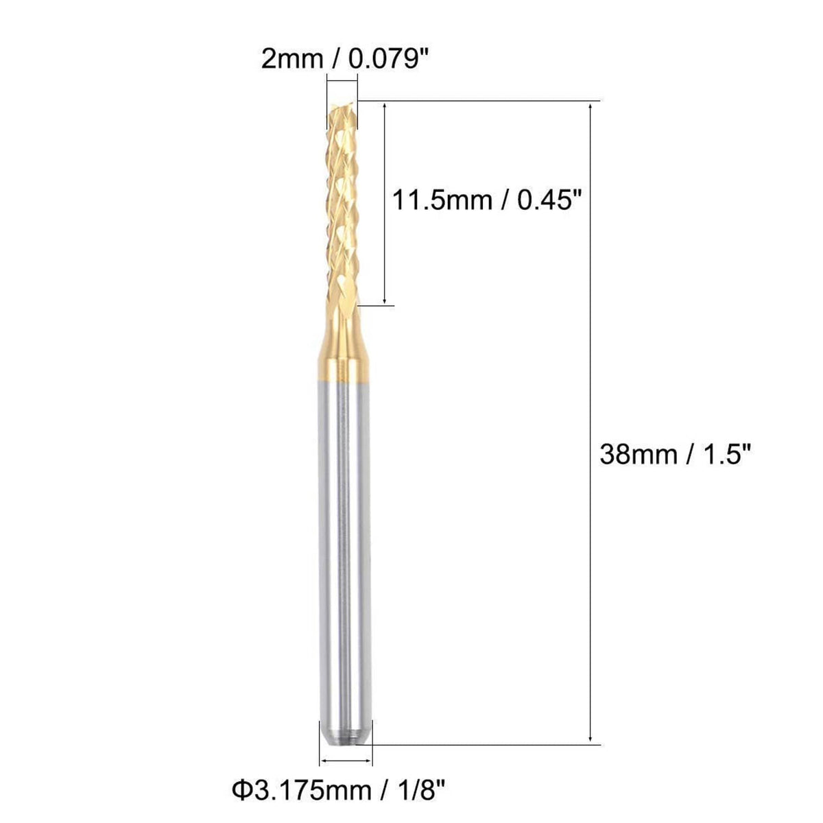 2mm titanium-coated carbide end mill with 3.175mm shank, gold spiral flutes