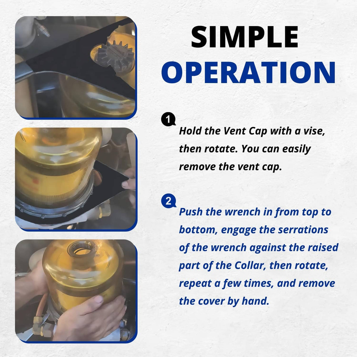 Fuel filter vent cap wrench removing a vent cap, black handle and circular gripping ring
