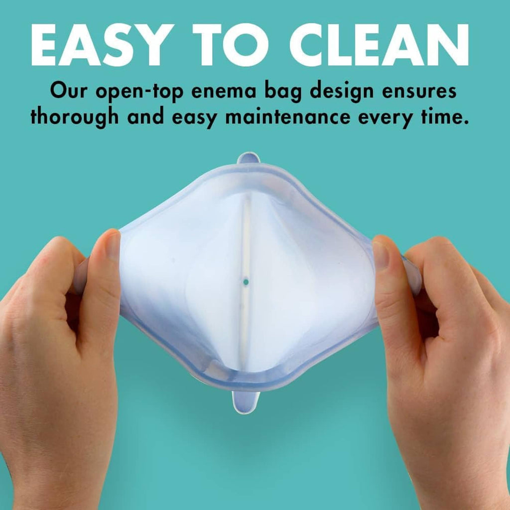 Open-top light blue enema bag held in hands for easy filling