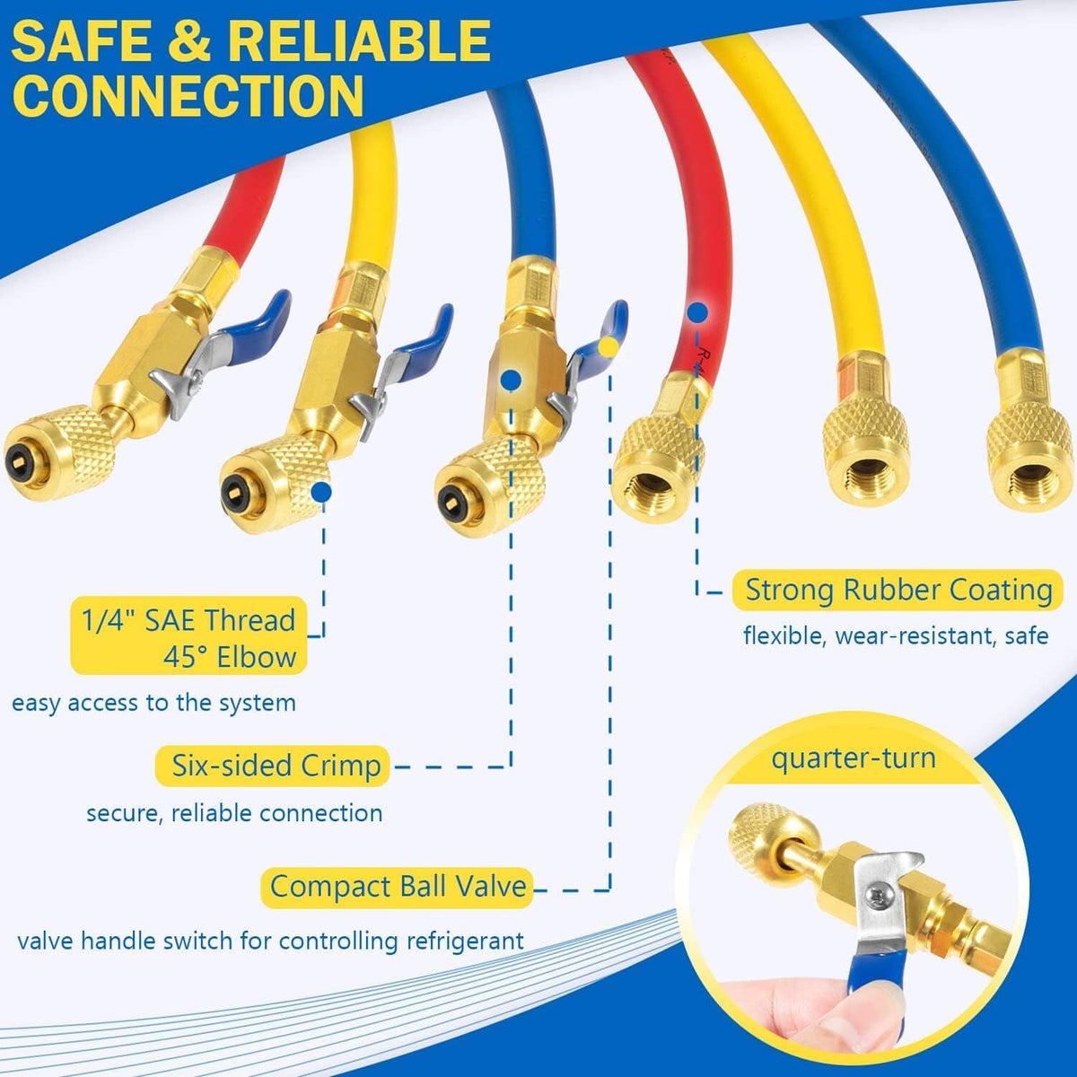 Refrigerant charging hose set ends with brass fittings and compact ball valve, red yellow blue hoses