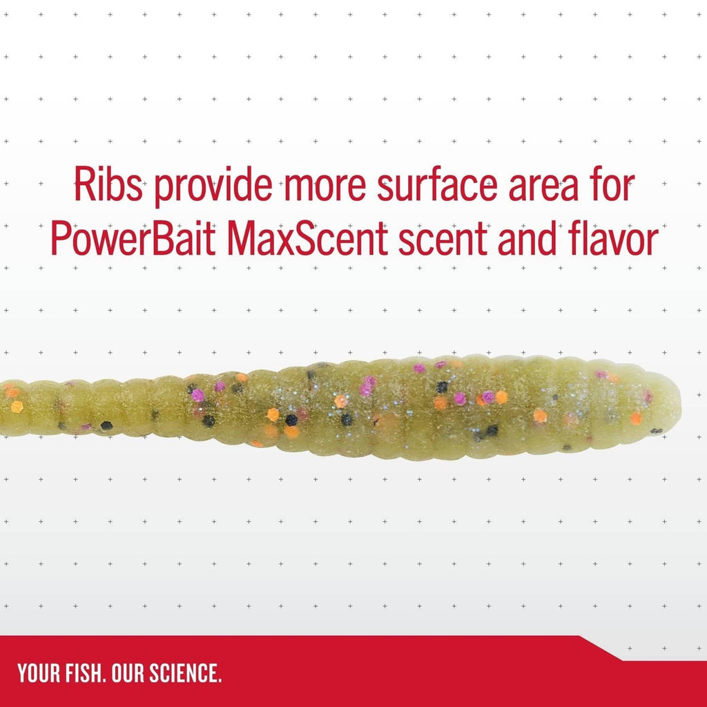 Olive green soft worm bait with raised ridges and pink and purple speckled finish