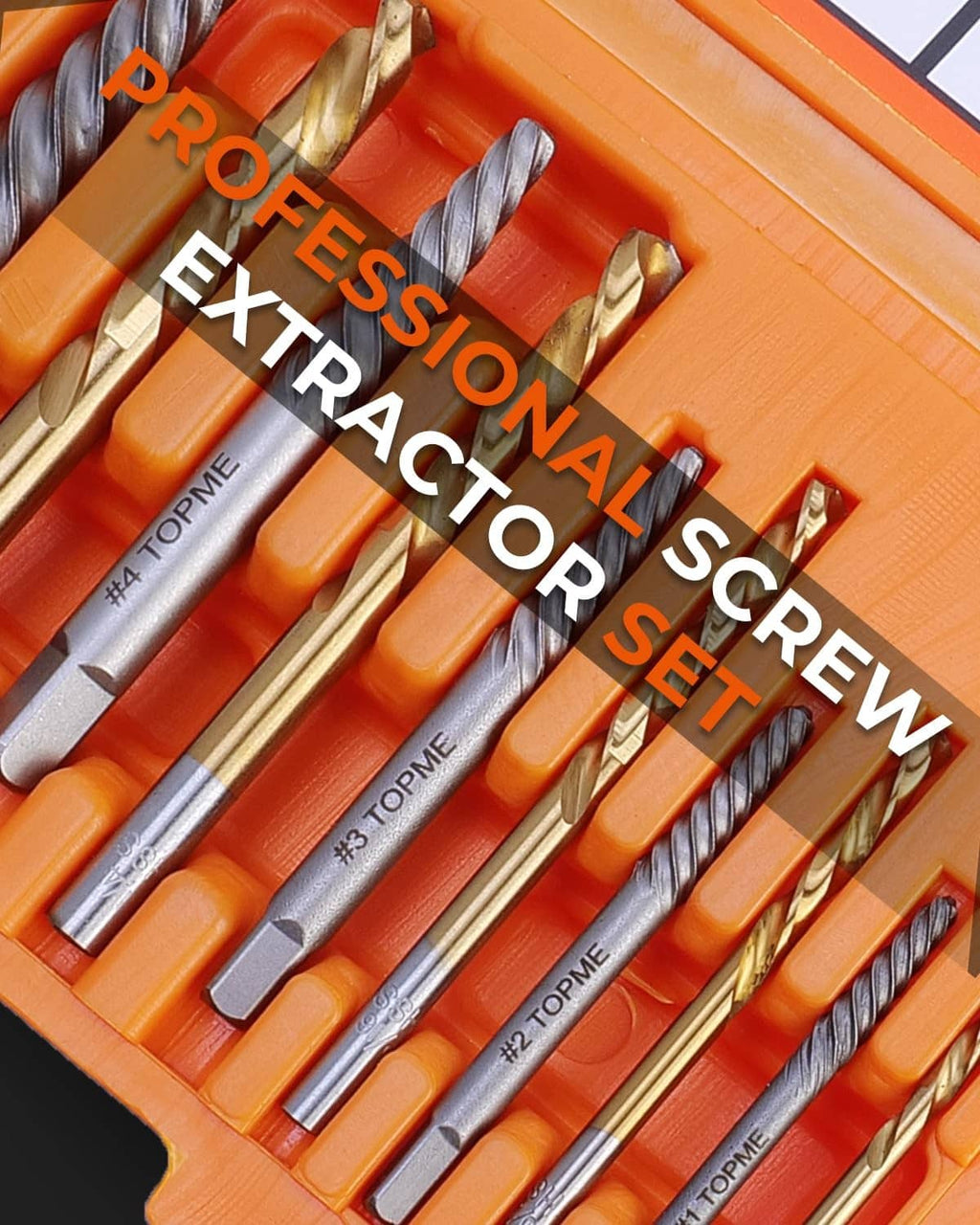Orange storage tray with screw extractor bits and hex shank drill tips