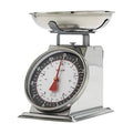 Black and silver mechanical kitchen food scale with round bowl and analog dial