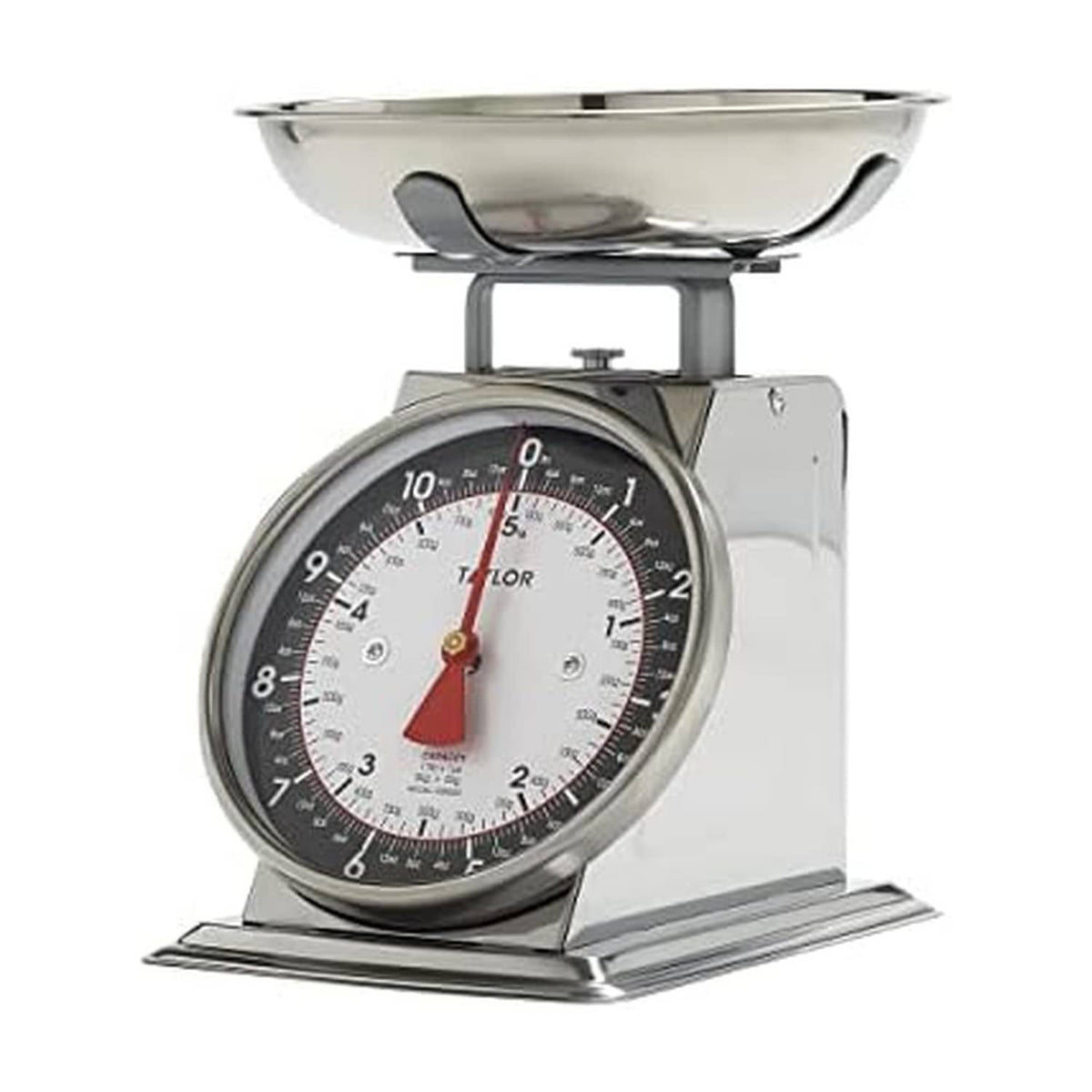 Black and silver mechanical kitchen food scale with round bowl and analog dial