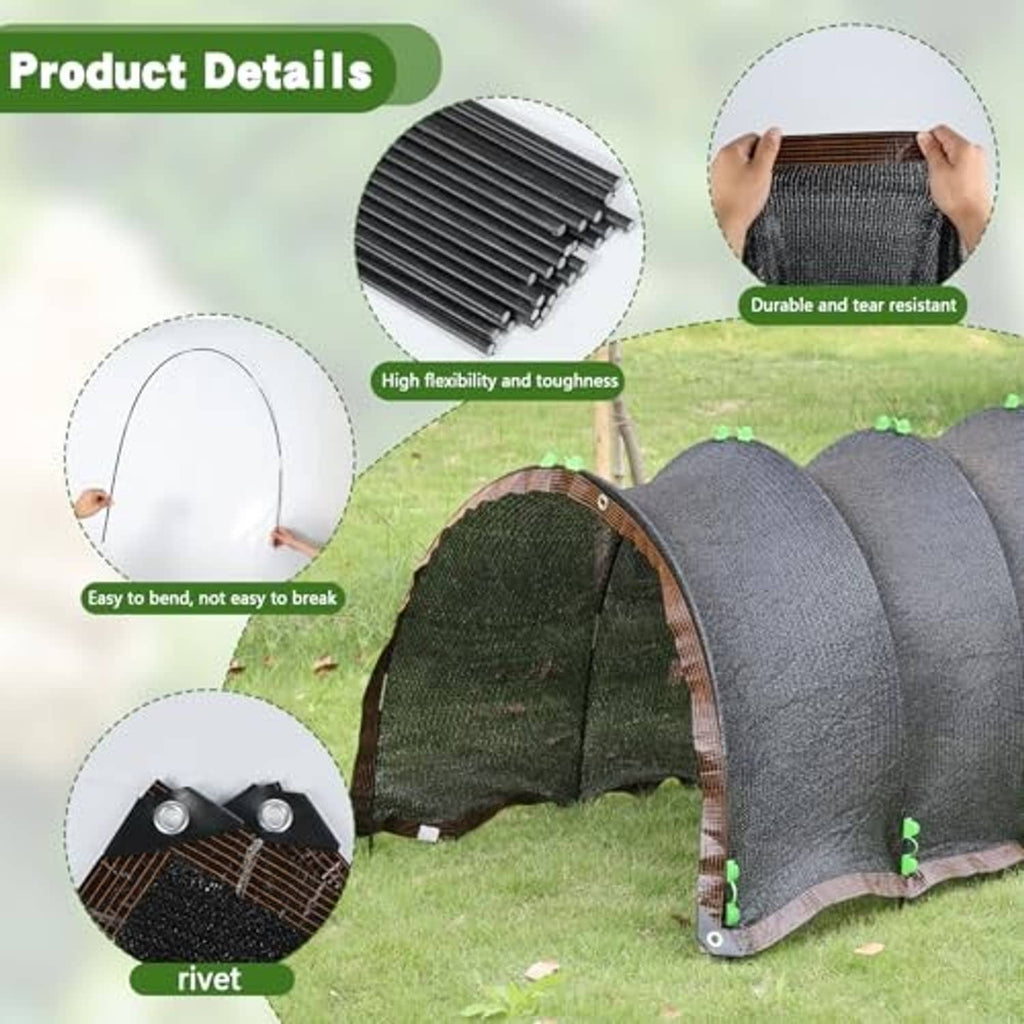 Grey greenhouse hoop shade cloth with brown trim, rivet detail, and flexible mesh arches