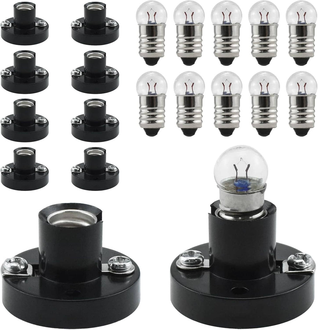 E10 mini warm light bulbs with black screw socket bases, set of multiple pieces