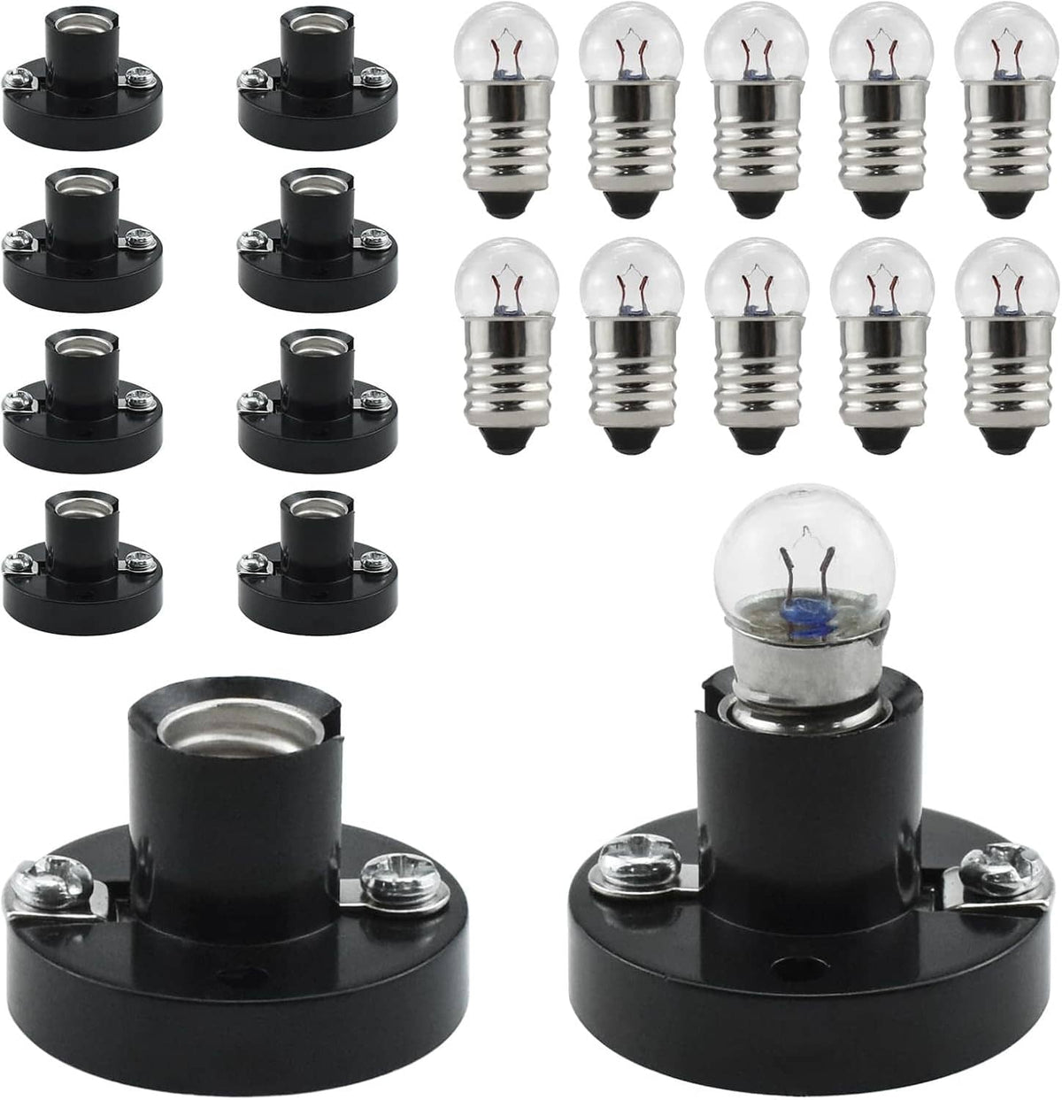 E10 mini warm light bulbs with black screw socket bases, set of multiple pieces