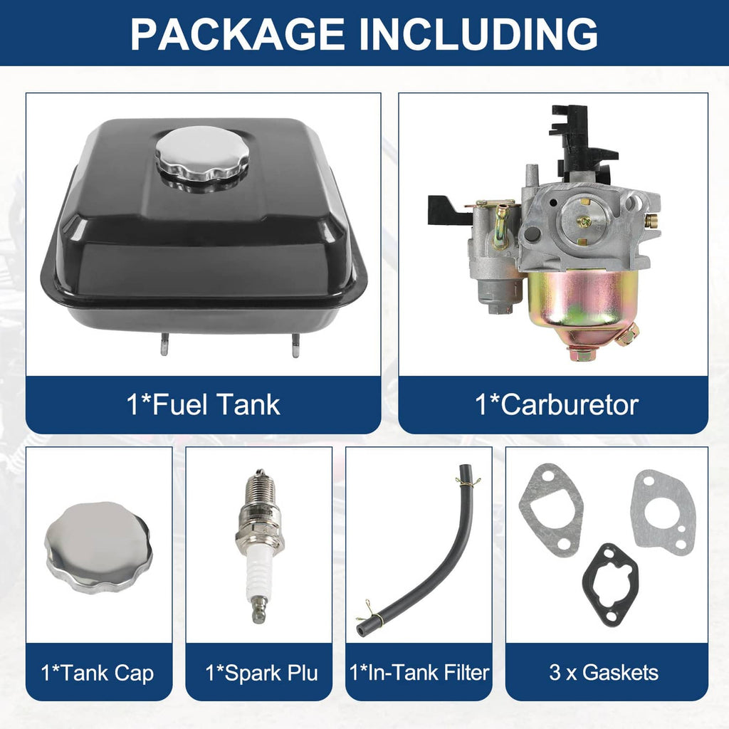 Fuel tank kit contents: black tank, carburetor, tank cap, spark plug, filter, and gaskets