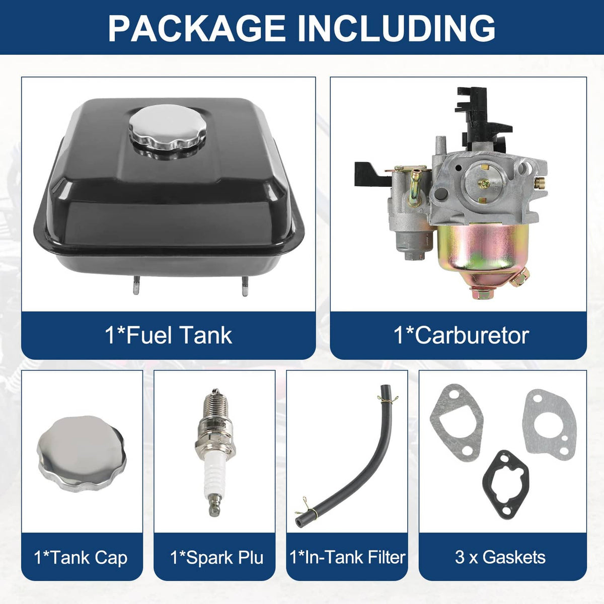 Fuel tank kit contents: black tank, carburetor, tank cap, spark plug, filter, and gaskets