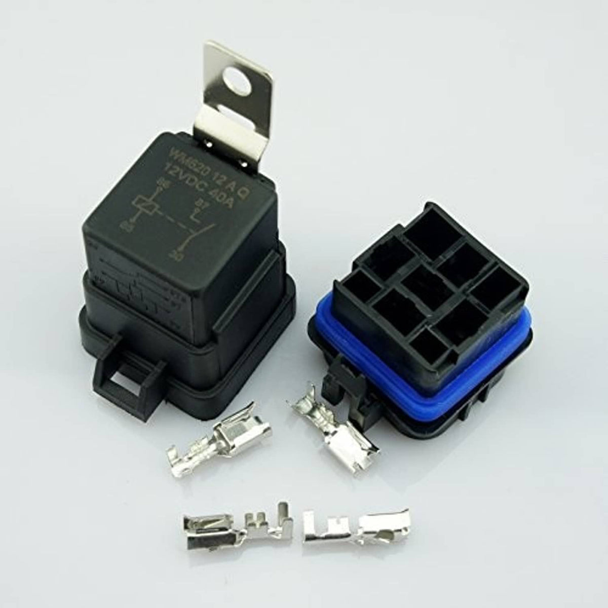 4-pin waterproof car relay and blue connector plug with metal spade terminals