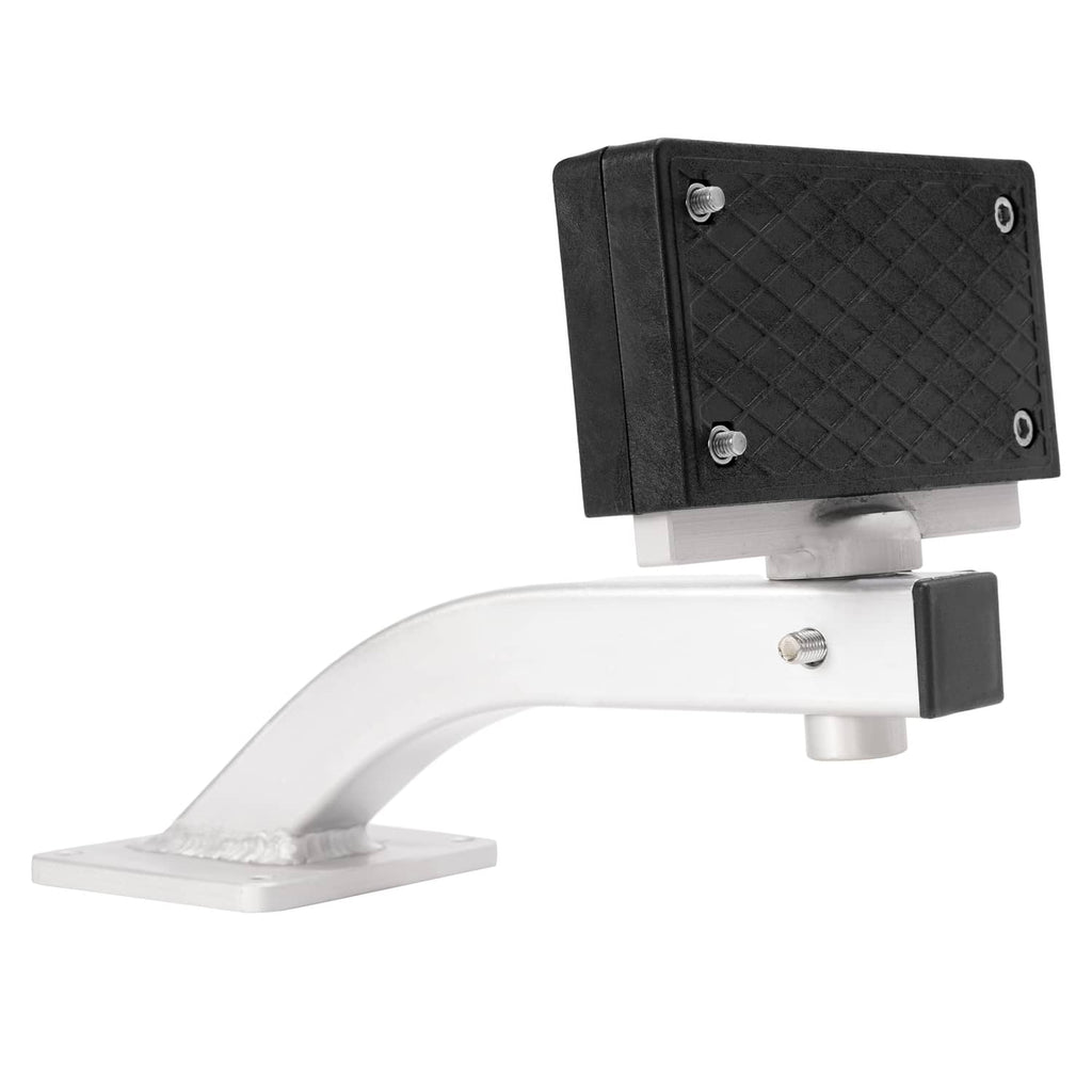 Trolling motor bracket with black pad, curved silver arm, and side knob