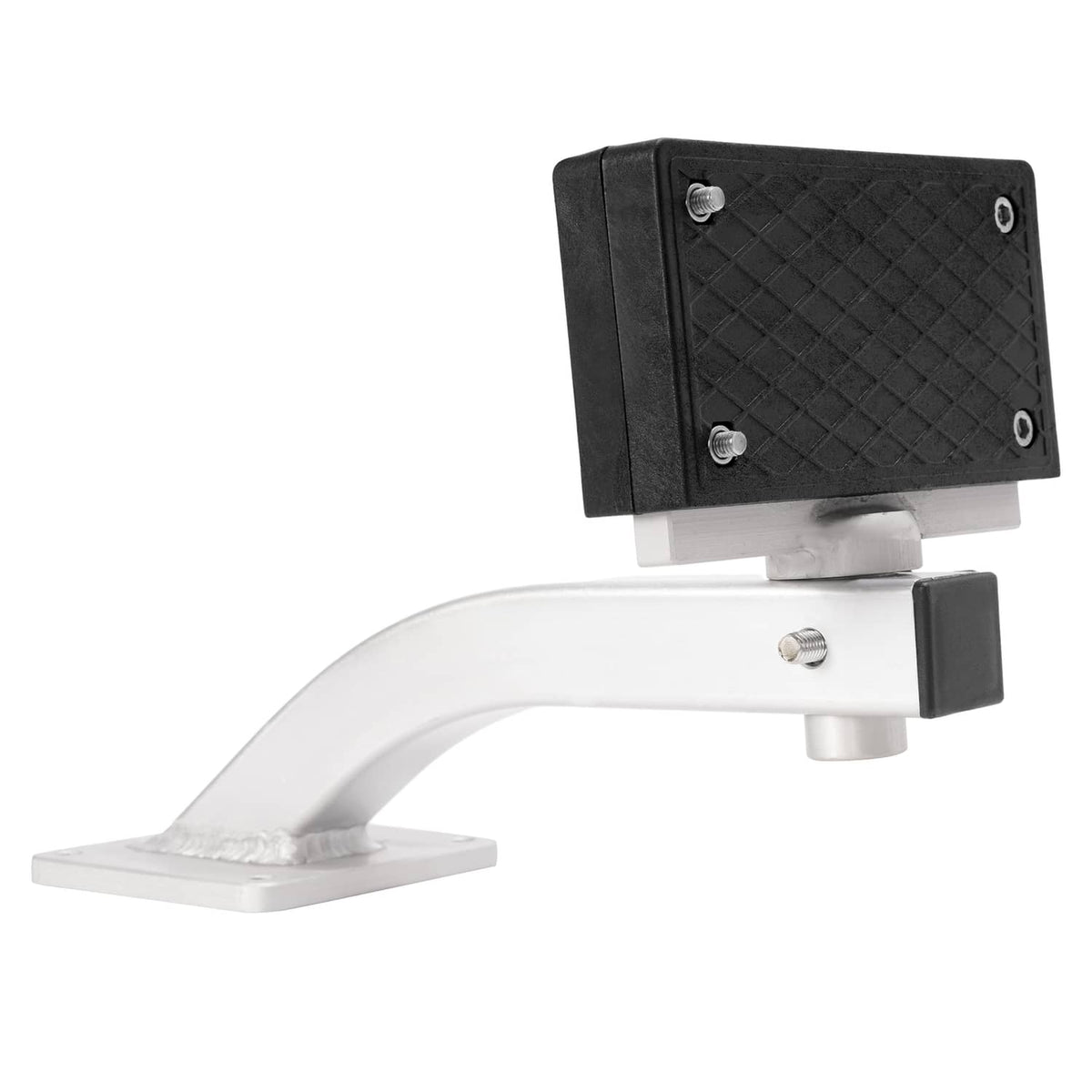 Trolling motor bracket with black pad, curved silver arm, and side knob