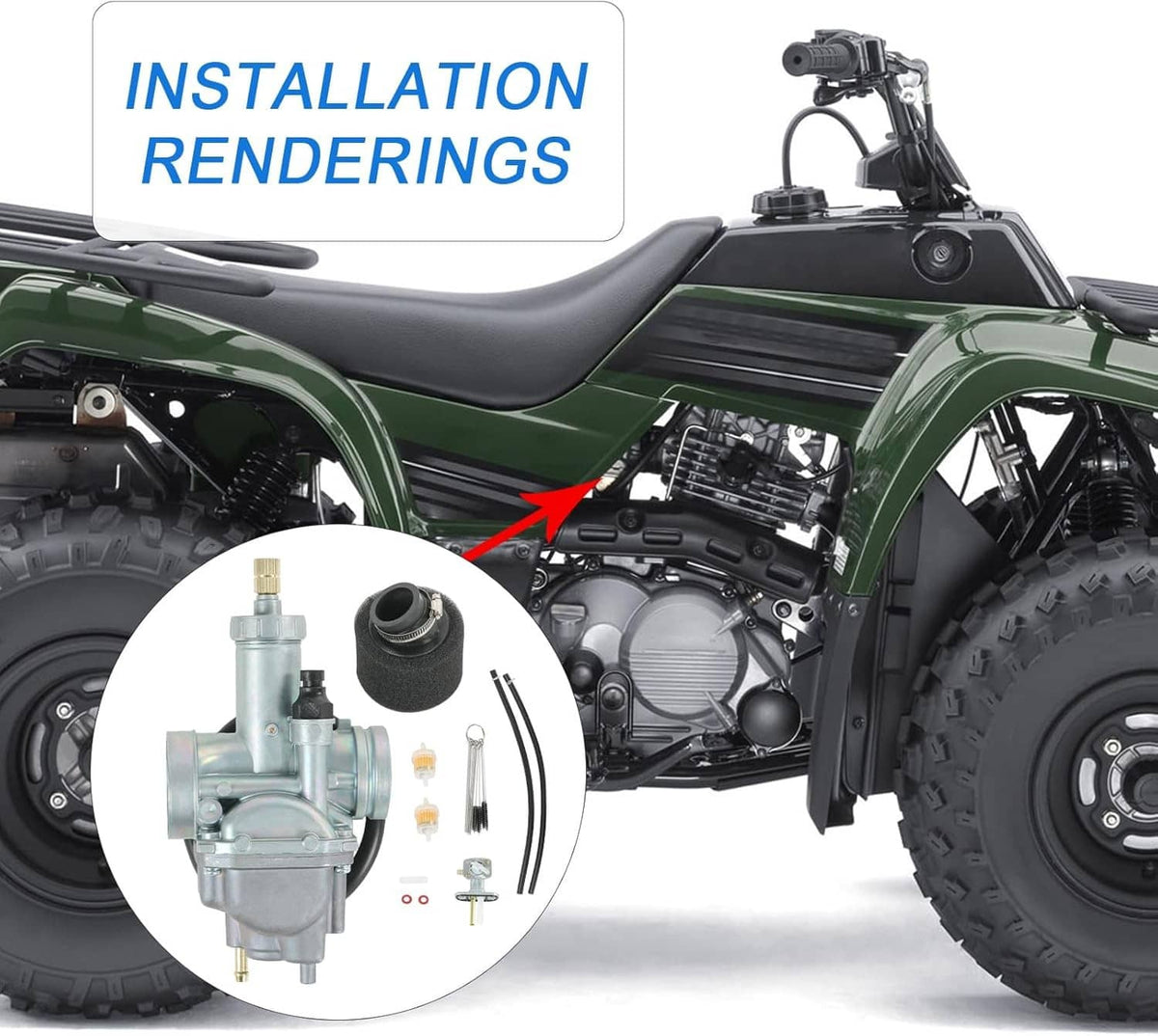ATV carburetor installation view with fuel line connection and air filter intake