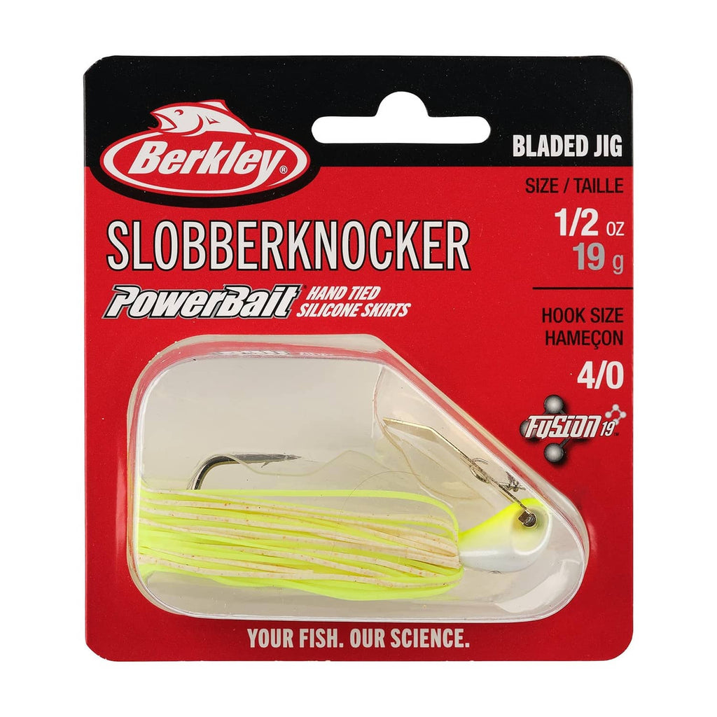 Berkley Slobberknocker bladed jig package with white and chartreuse lure