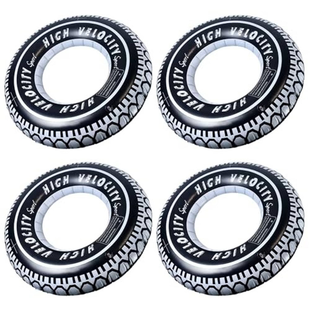 Four black-and-white inflatable tire pool float rings with “High Velocity” lettering