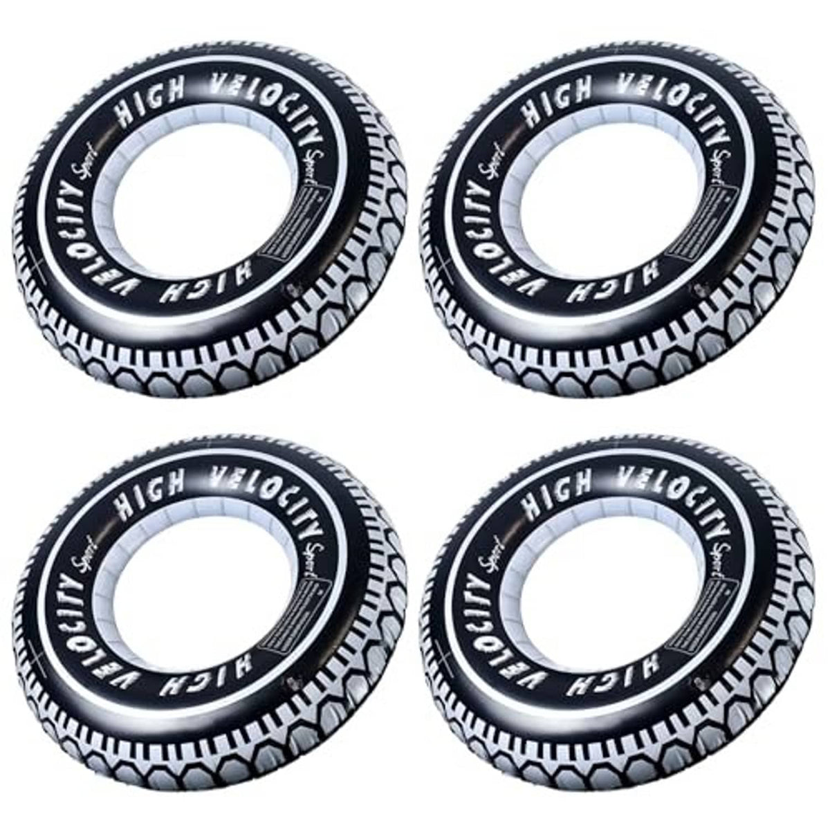 Four black-and-white inflatable tire pool float rings with “High Velocity” lettering
