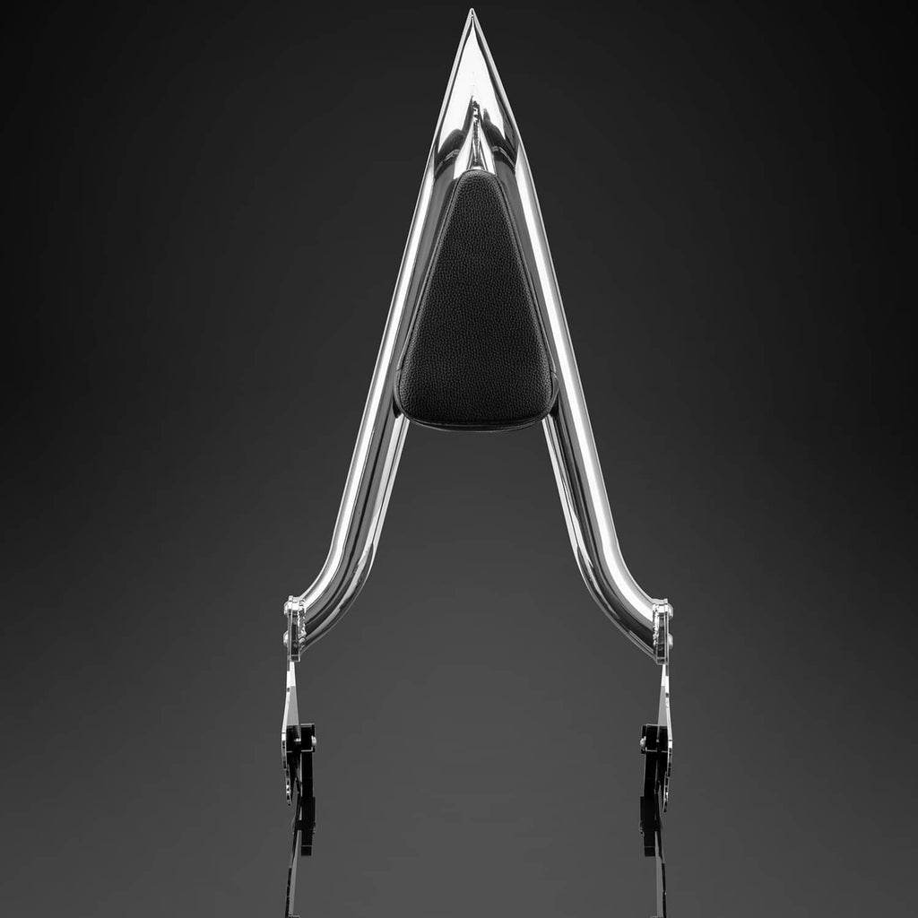 Motorcycle sissy bar backrest with black padded insert and chrome support bars.