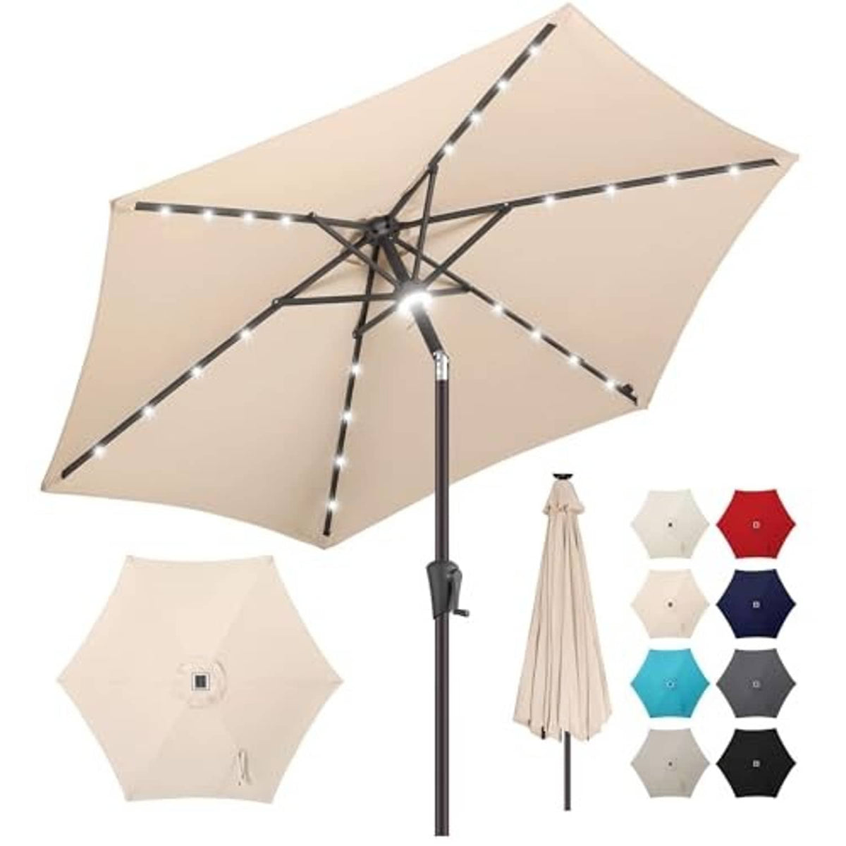 Beige solar patio umbrella with lit LED bulbs around the canopy and center pole.