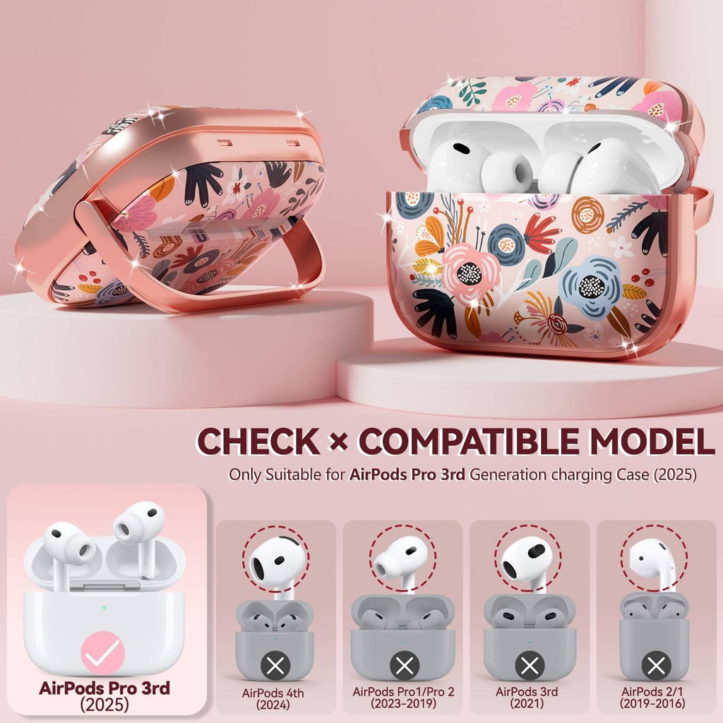 Inesore AirPods Pro case, open view with pink floral print and rose-gold frame