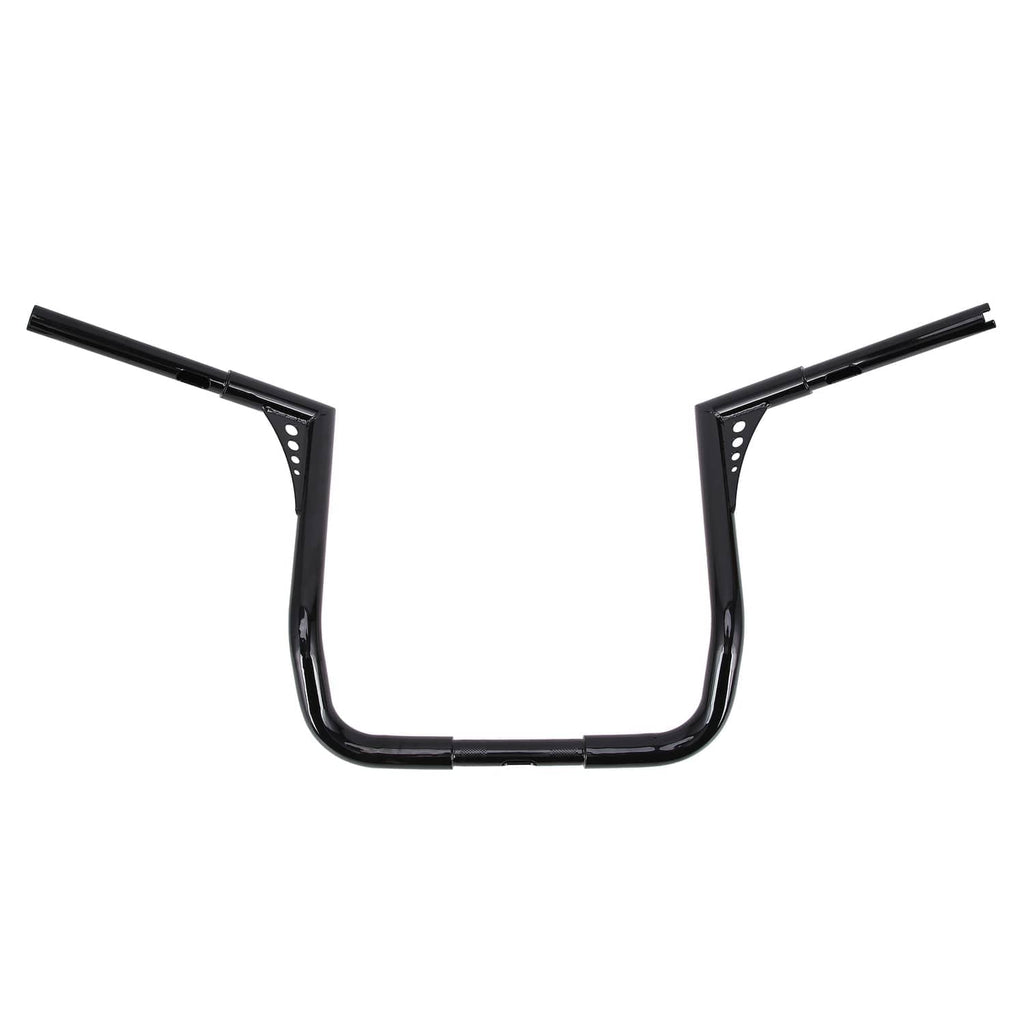 Black motorcycle handlebar with tall fork sides and drilled mounting plates