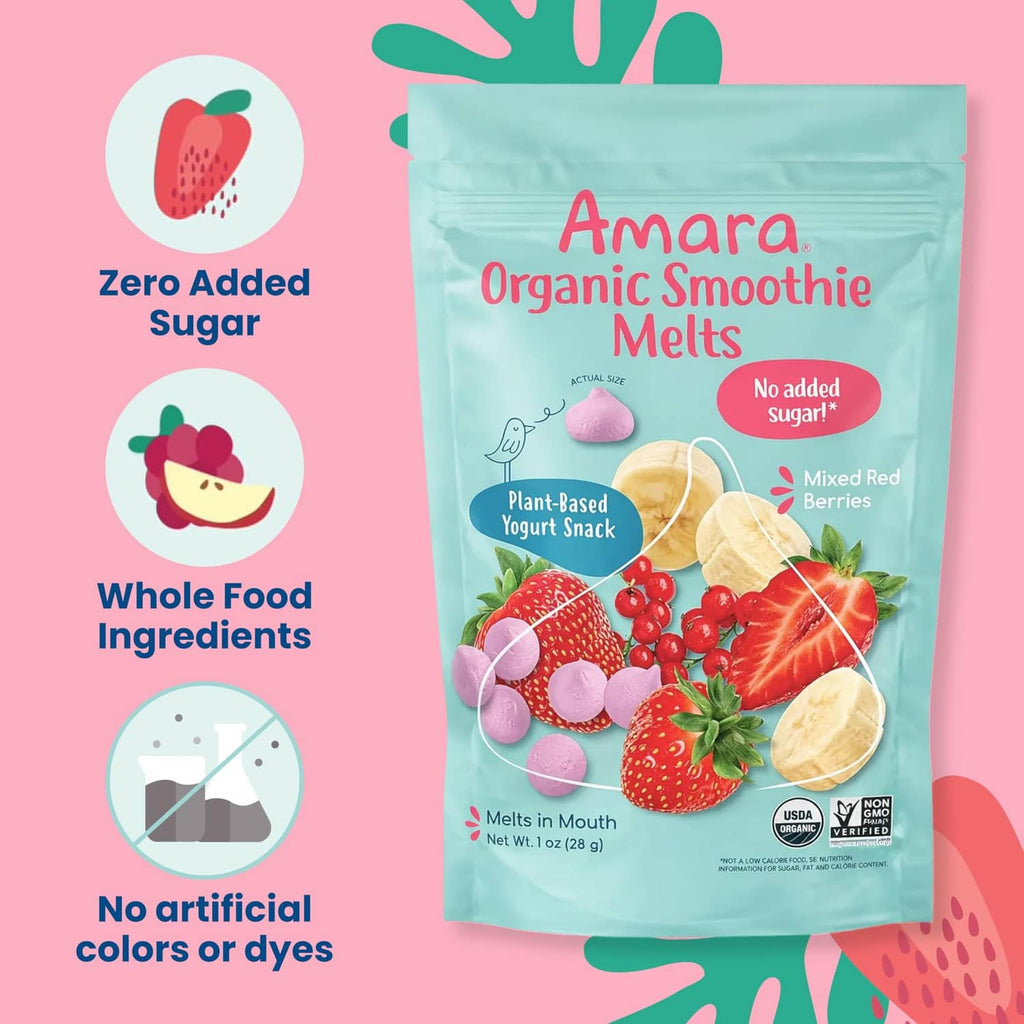 Organic smoothie melts pouch, mixed red berries, resealable, no added sugar.
