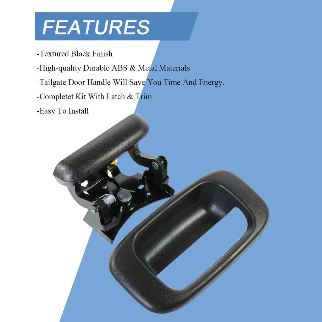 Black tailgate handle and trim bezel set with rod clips, textured finish