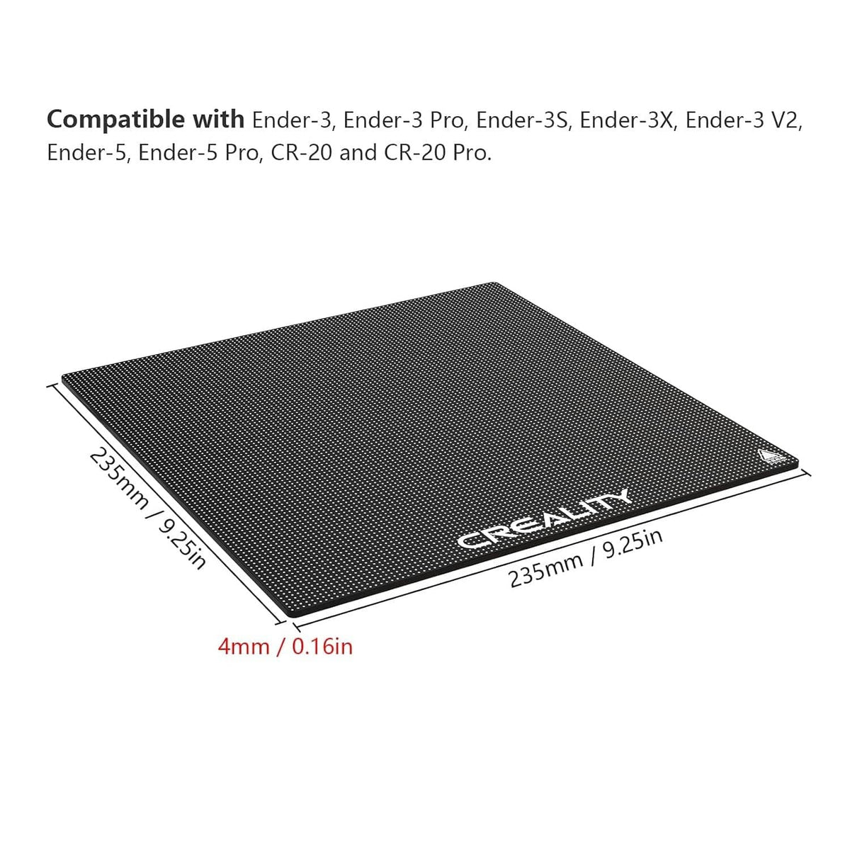 Creality glass bed platform size 235x235mm, dark textured top view
