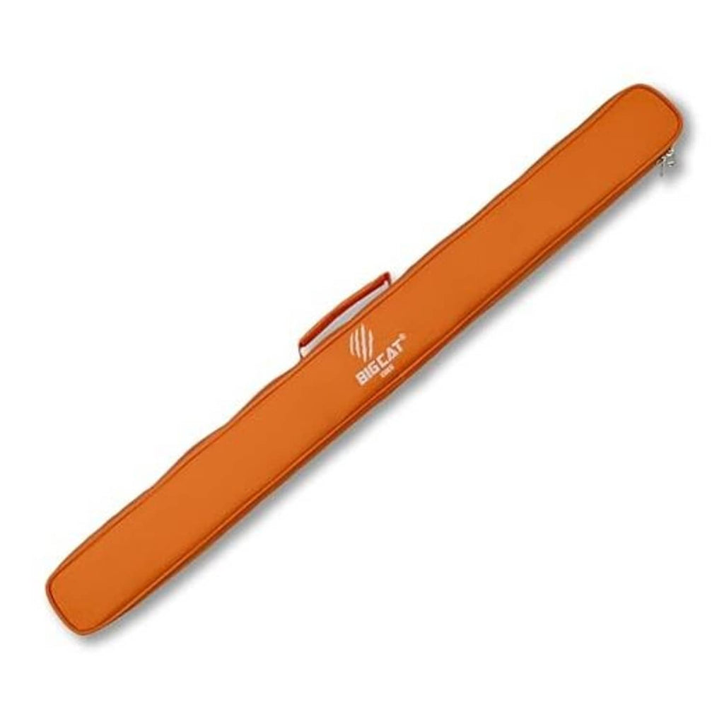 Orange soft billiards cue stick case with zipper and padded top seam