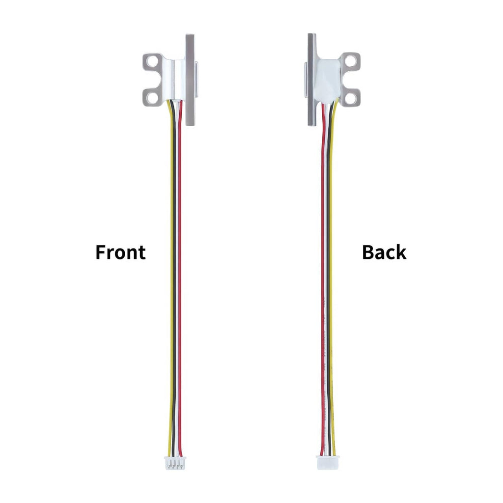 Pair of sensor wire leads with metal mounting tabs, front and back views
