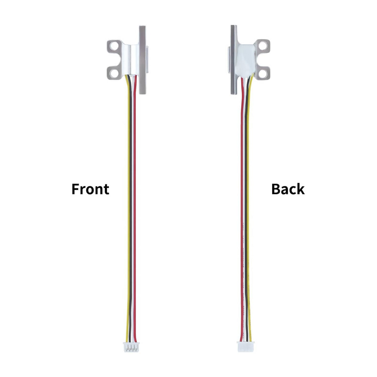 Pair of sensor wire leads with metal mounting tabs, front and back views
