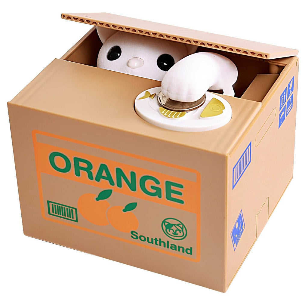 Orange cat piggy bank coin box with open lid showing white kitten head and coin plate.