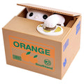 Orange cat piggy bank coin box with open lid showing white kitten head and coin plate.