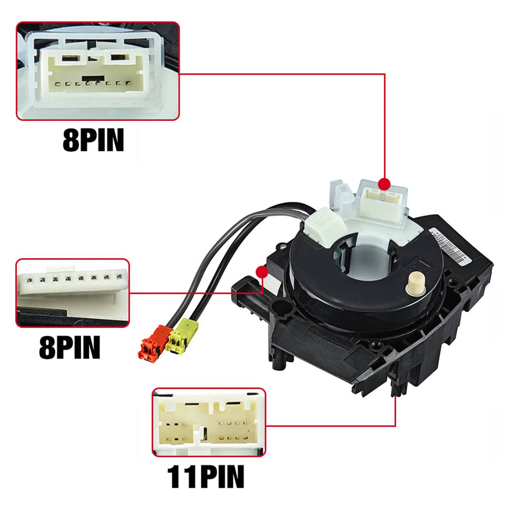 Clock spring spiral cable assembly with labeled 8-pin and 11-pin connector diagrams