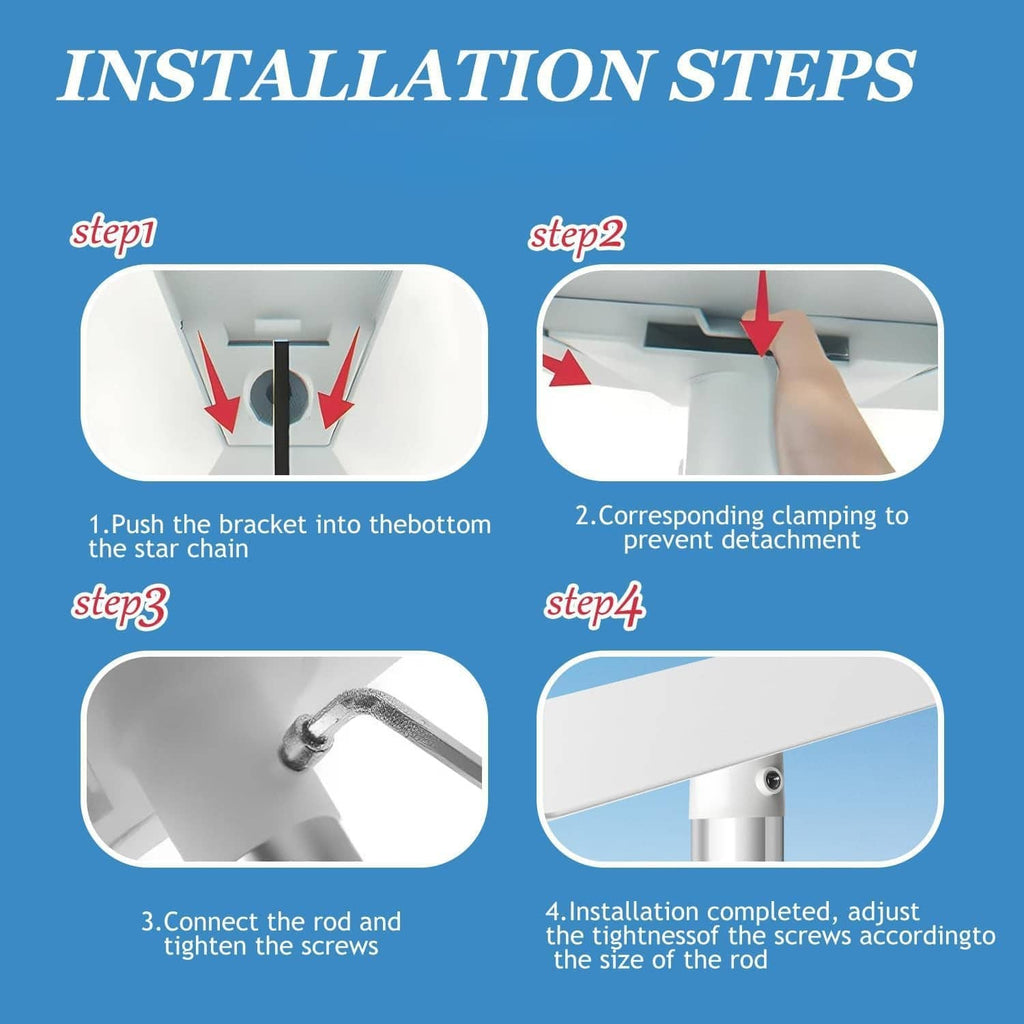 White pole mount adapter shown with rod and clamp hardware in steps