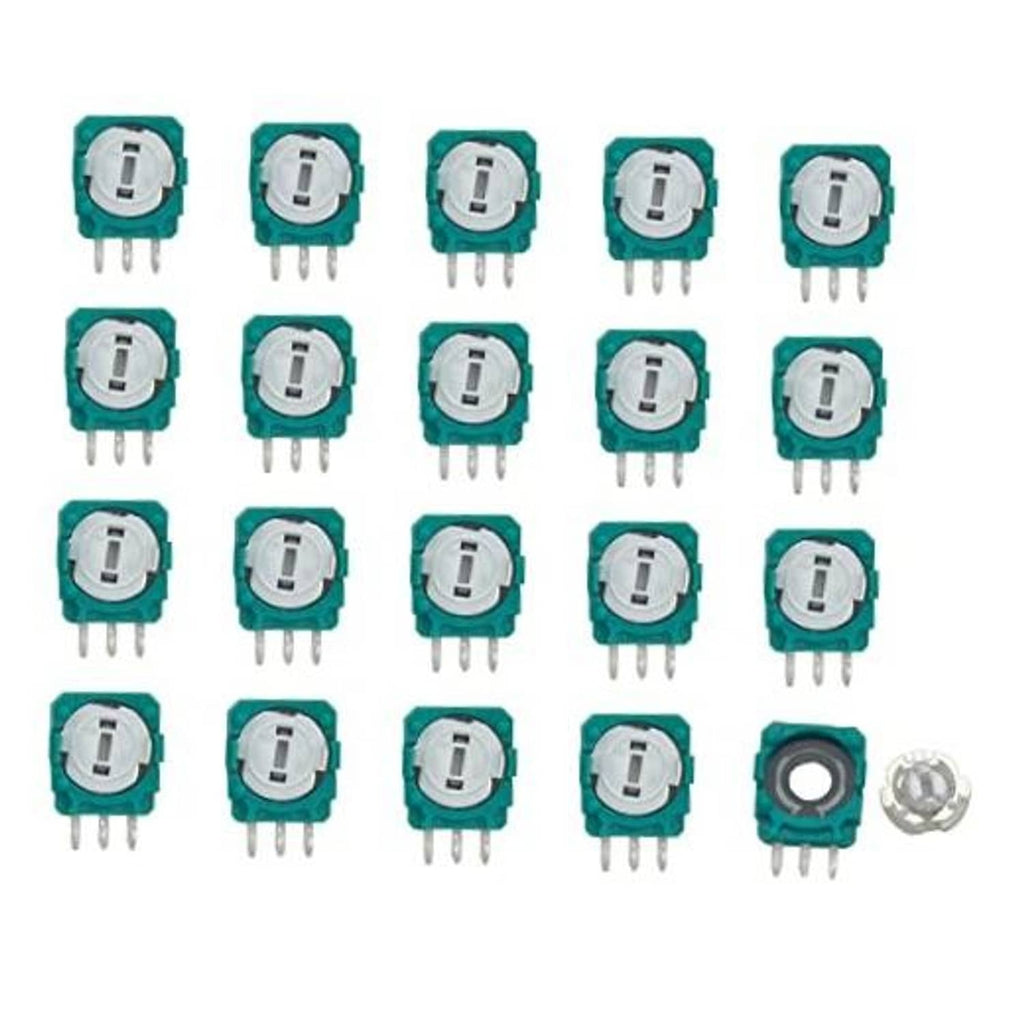 20-pack teal trimmer potentiometers with white adjustment discs and 3-pin leads