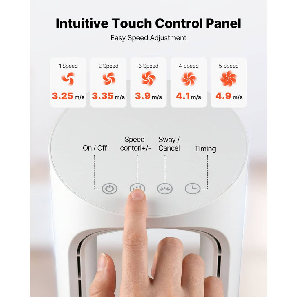 White bladeless desk fan with touch control panel and finger
