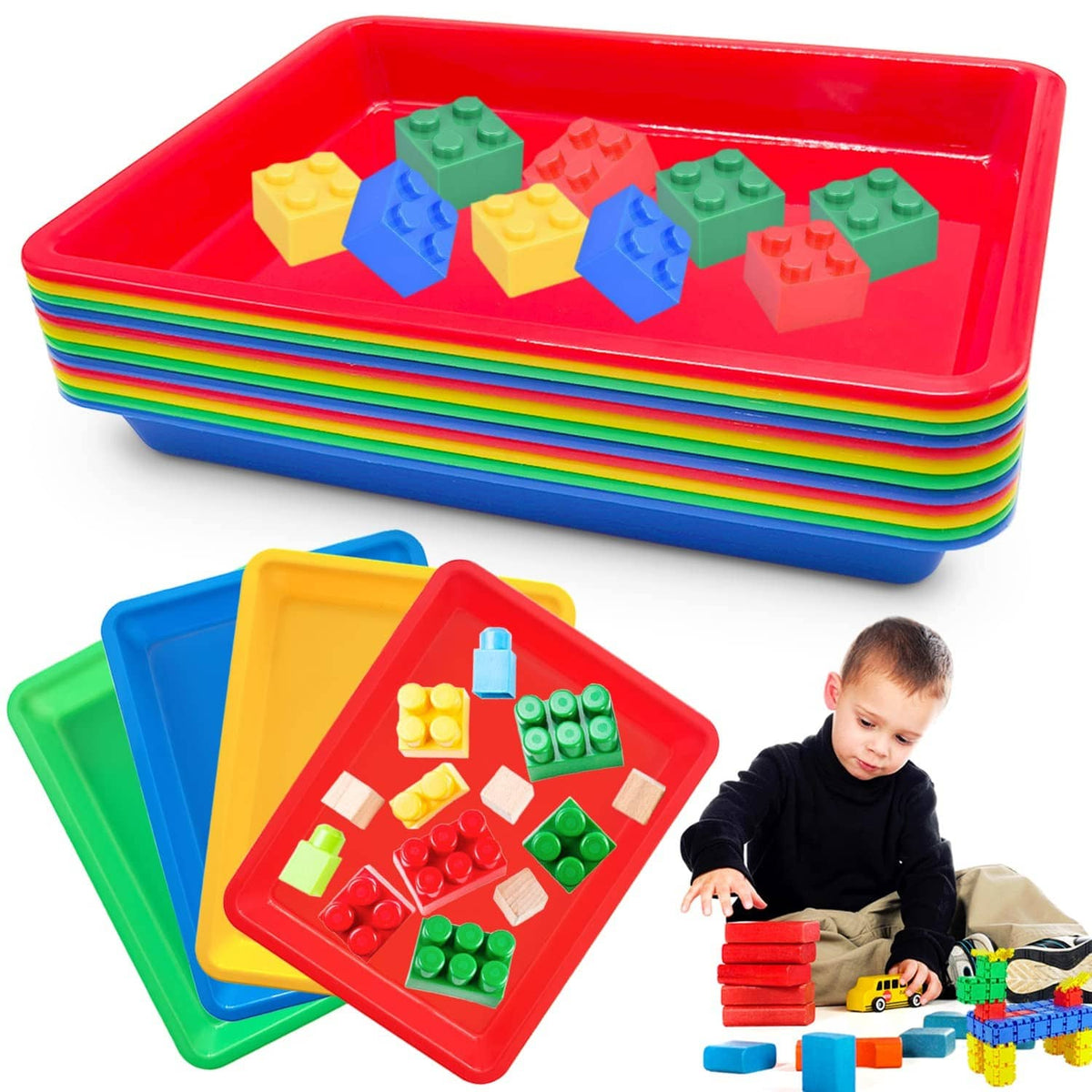 Multicolor plastic art trays set, stacked red tray with colorful building blocks