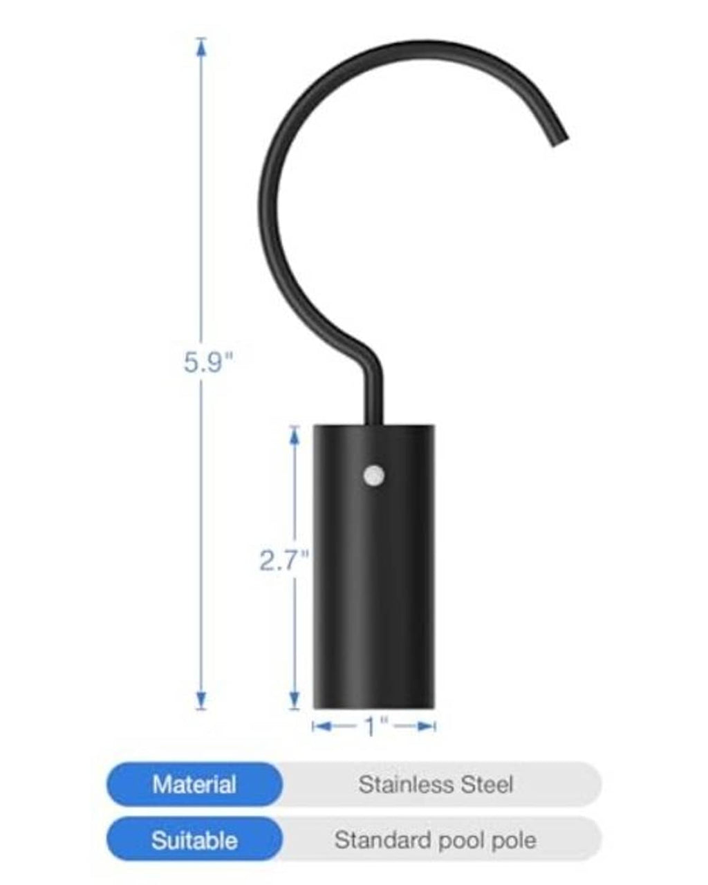 Black stainless steel hook for pool poles, curved head with cylinder base