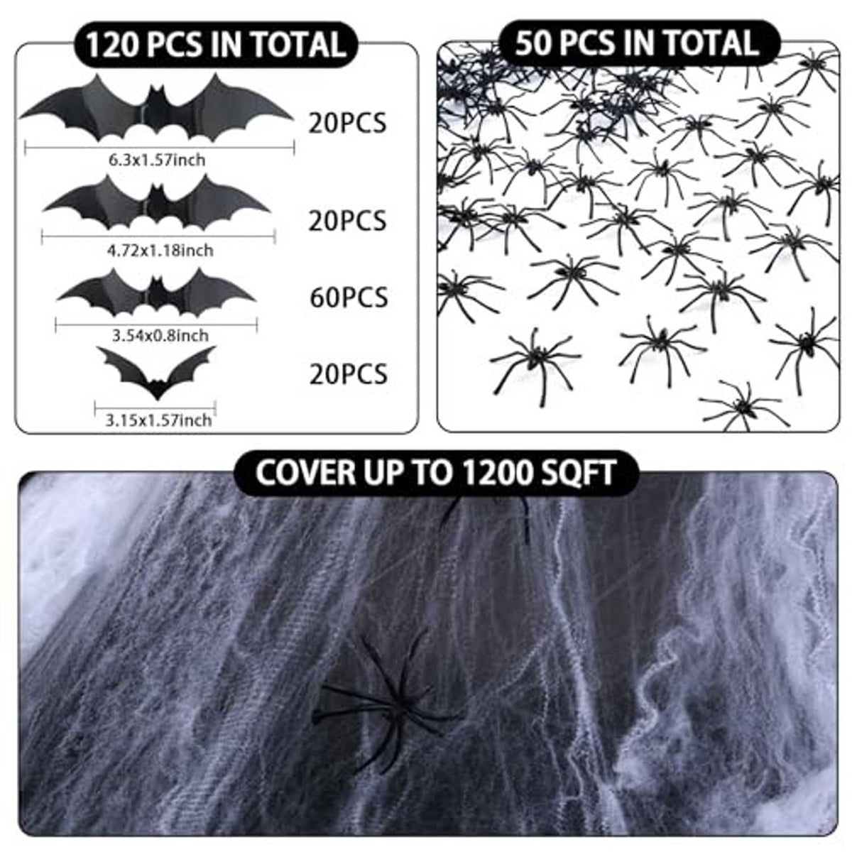 Halloween spider web kit infographic showing 120 bats, 50 spiders, and 1200 sq ft cover