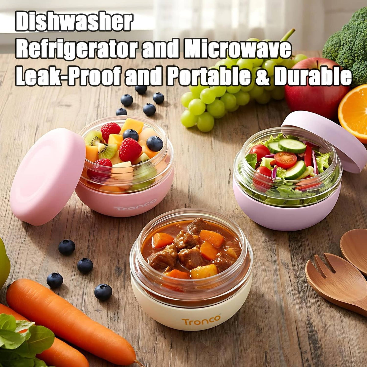 Assorted 16 oz glass food storage containers with lidded tops on a kitchen table