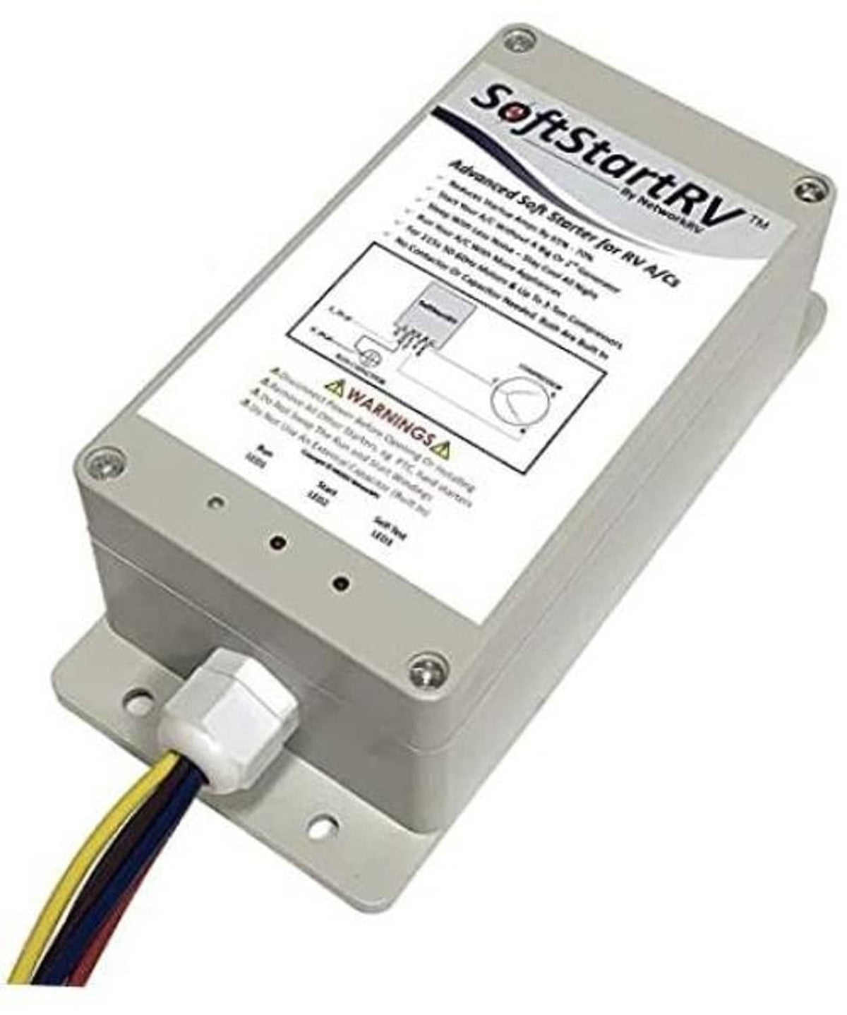 SoftStartRV RV air conditioner soft start unit with label and mounting bracket
