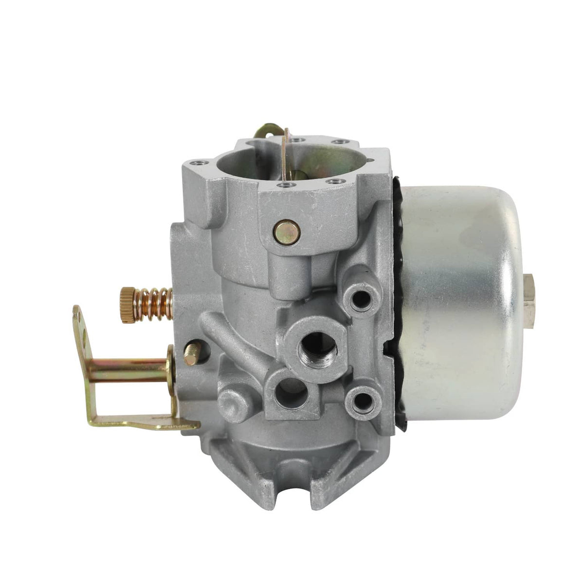 Silver carburetor with side ports, round choke area, and metal mounting points