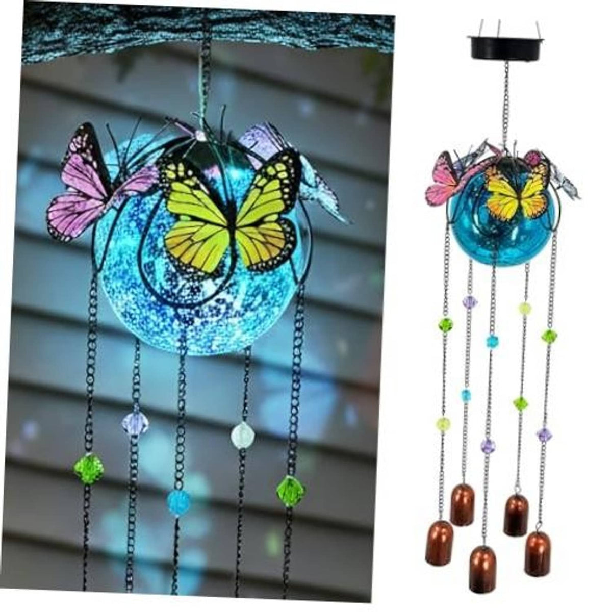 Blue butterfly wind chime solar light with dangling chains, colorful beads, and copper bells