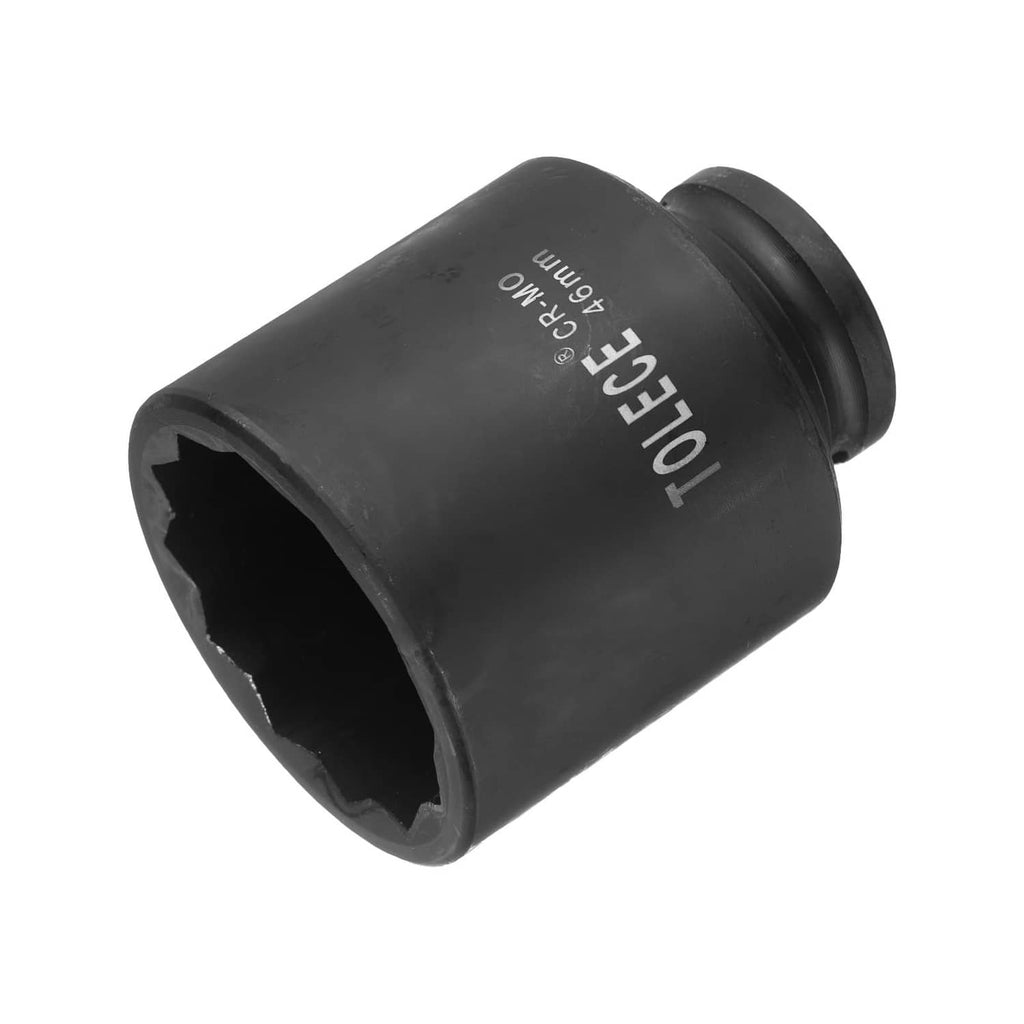 Black deep impact socket with square drive opening, close-up side view.