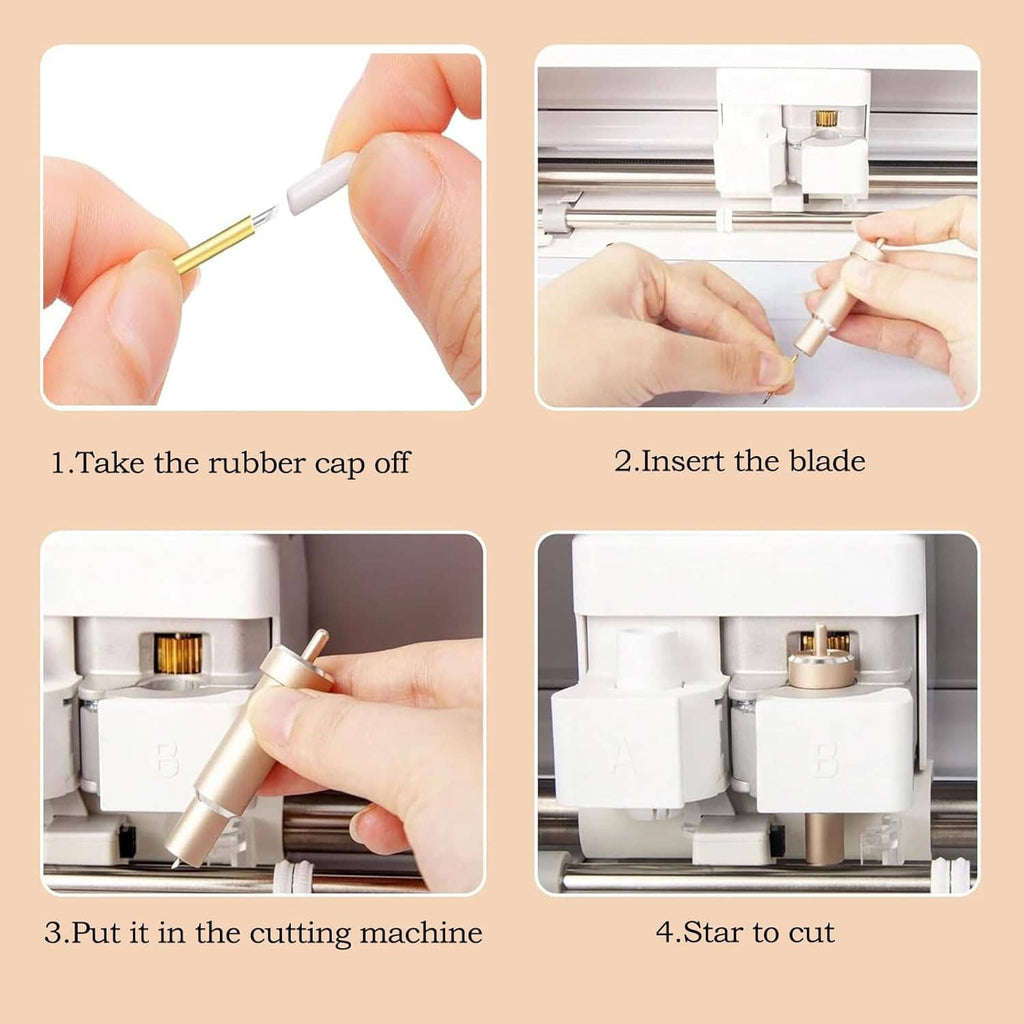 Fine point blade with removable rubber cap shown being inserted into the holder