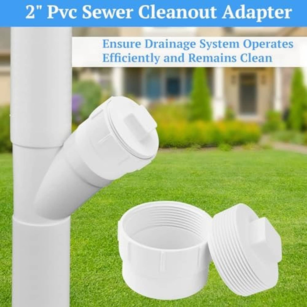 White PVC 2-inch sewer cleanout adapter with plug cap, shown with two pieces