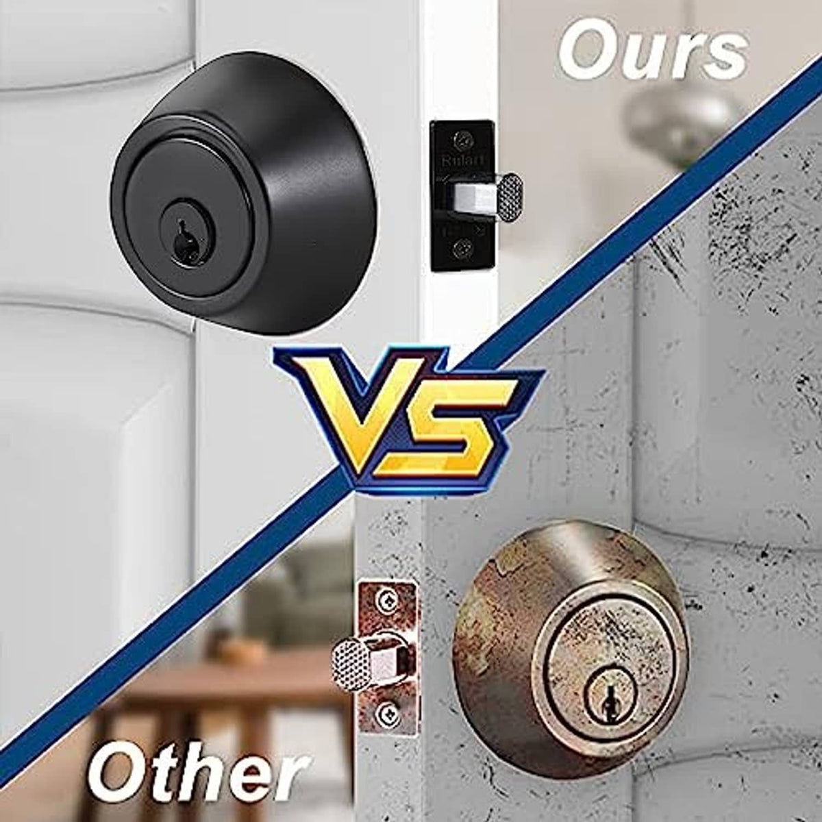 Black keyed deadbolt lock on a door with interior knob and rectangular lock body visible